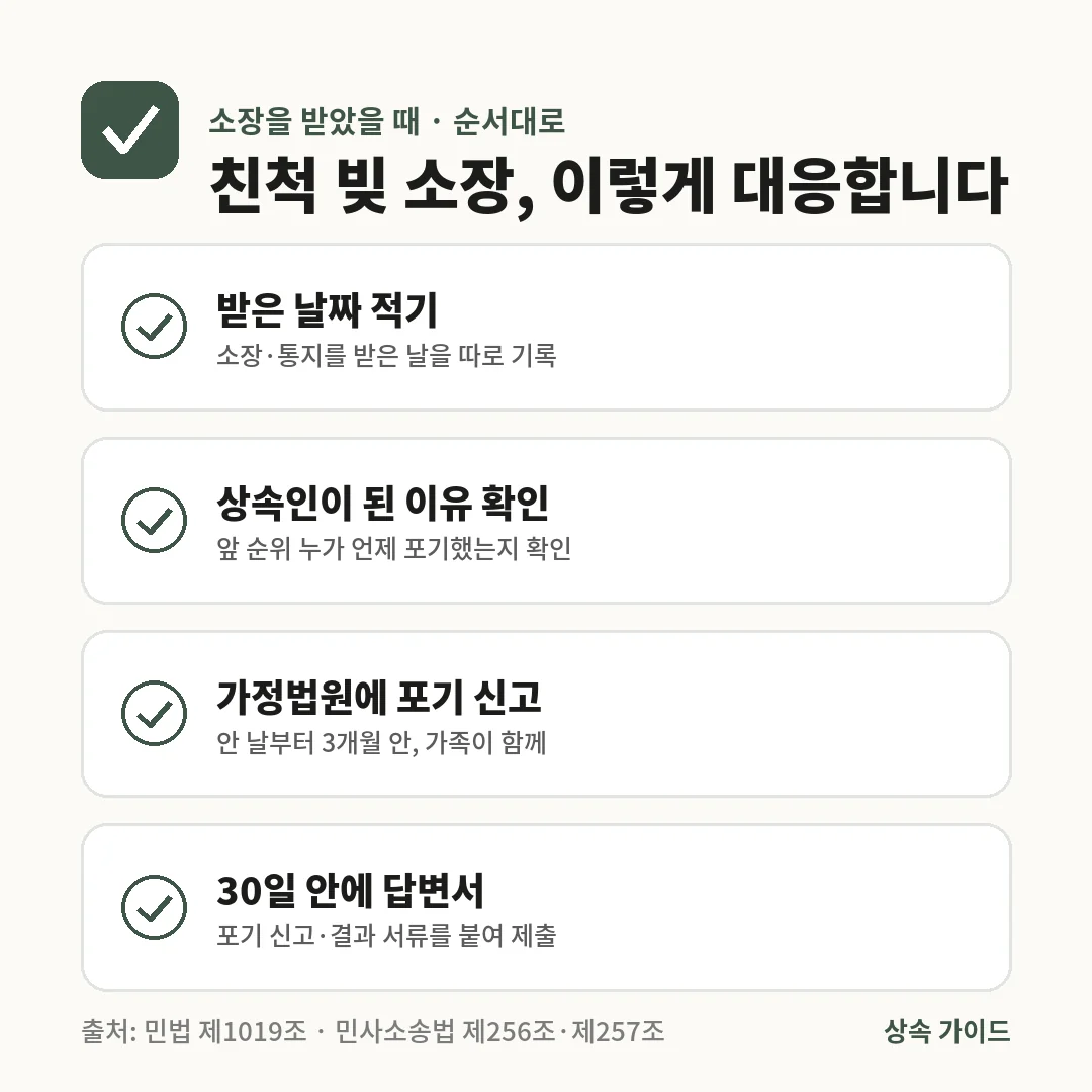 친척 빚 소장을 받으면 받은 날짜를 적고, 상속인이 된 이유를 확인한 뒤, 3개월 안에 가정법원에 포기를 신고하고 30일 안에 답변서를 냅니다.