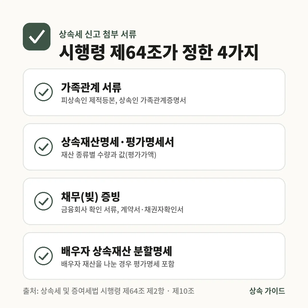 상속세 신고 첨부 서류 4가지는 피상속인 제적등본과 상속인 가족관계증명서, 상속재산명세와 평가명세서, 채무 증빙, 배우자 상속재산 분할명세입니다.