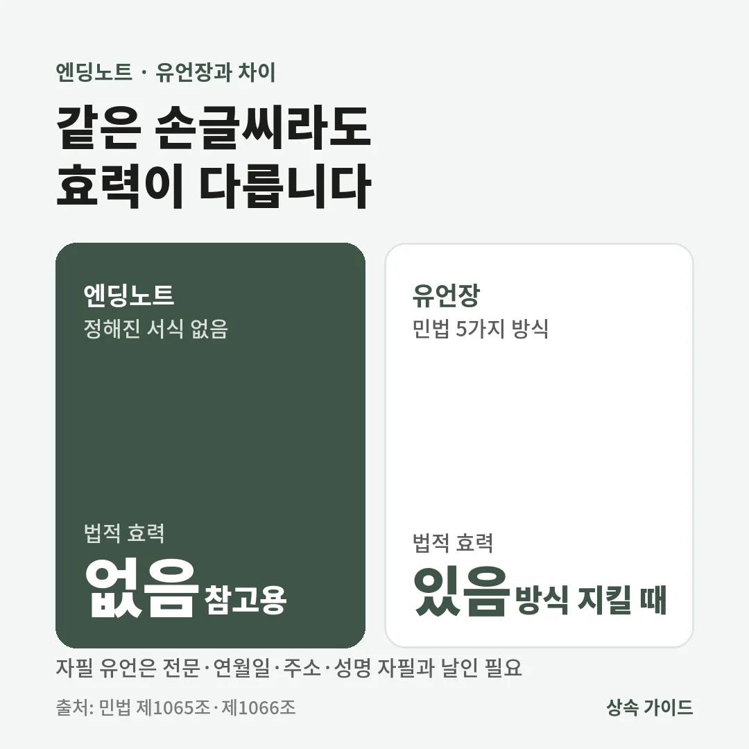 엔딩노트는 정해진 서식이 없어 법적 효력이 없고, 유언장은 민법이 정한 5가지 방식을 지킬 때만 효력이 있습니다.
